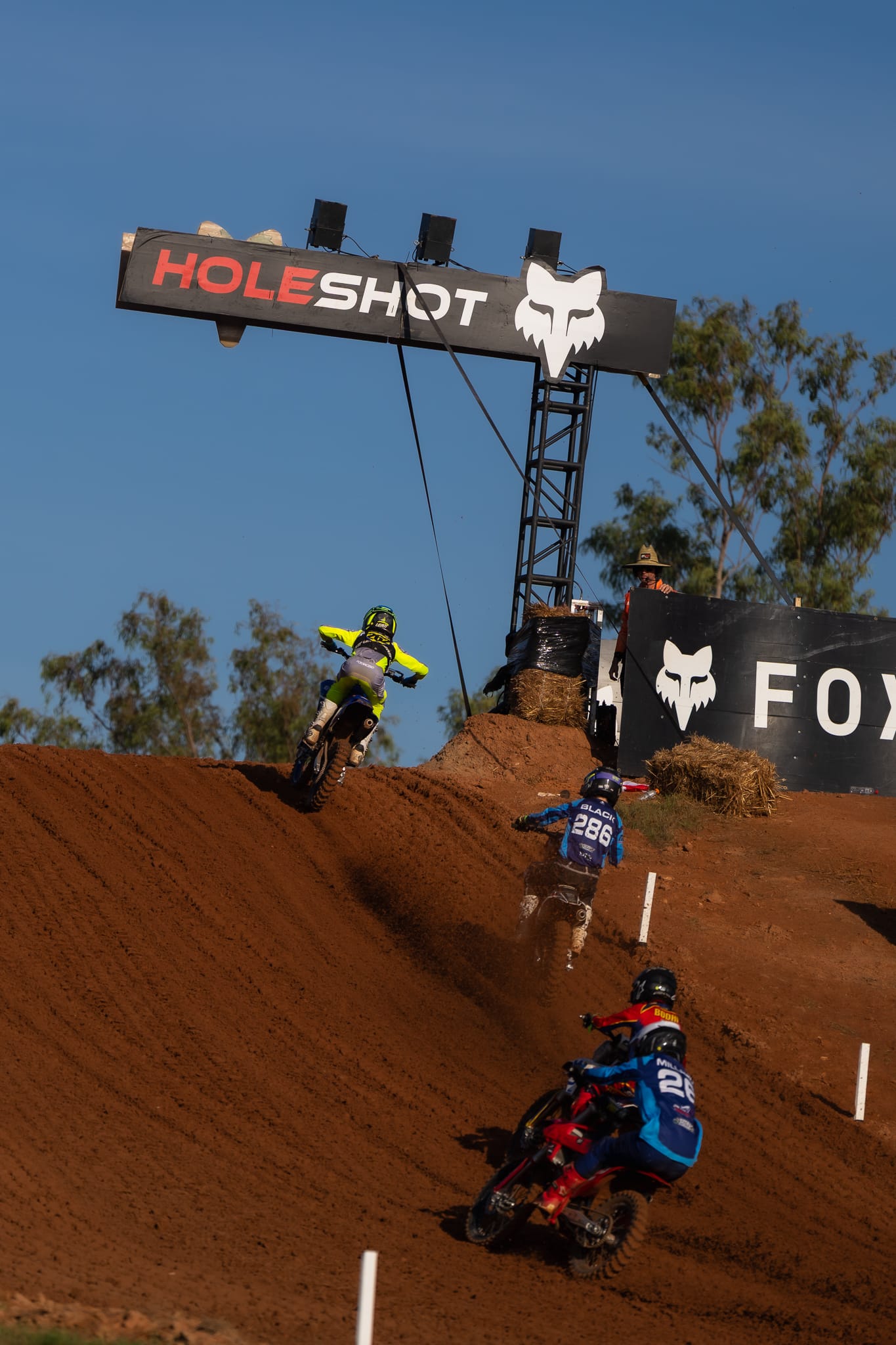 Riders climbing up the hilly track at the MXGP 2026 Hidden Valley