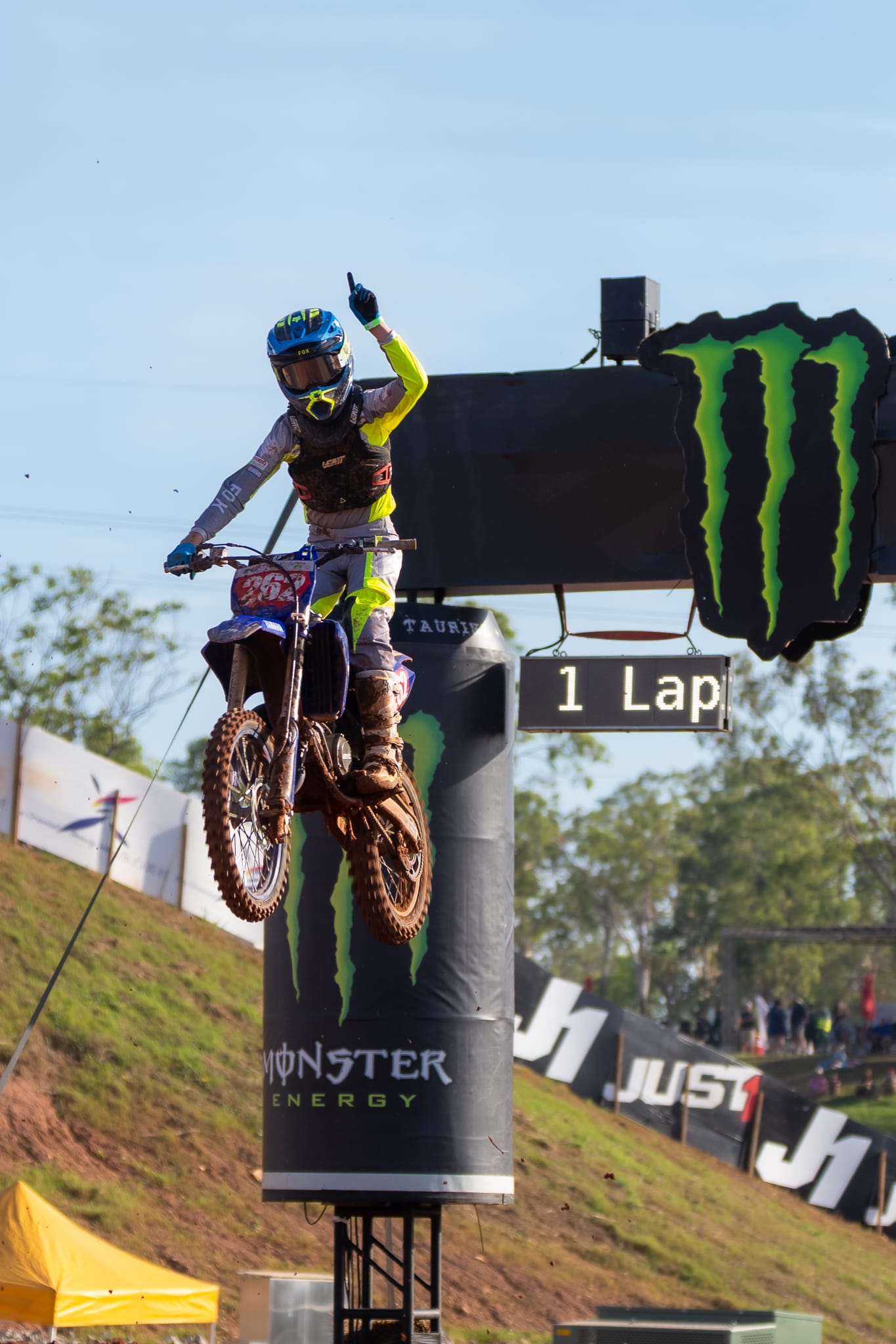 Racer celebrating the jump over the track at MXGP 2026 Hidden Valley
