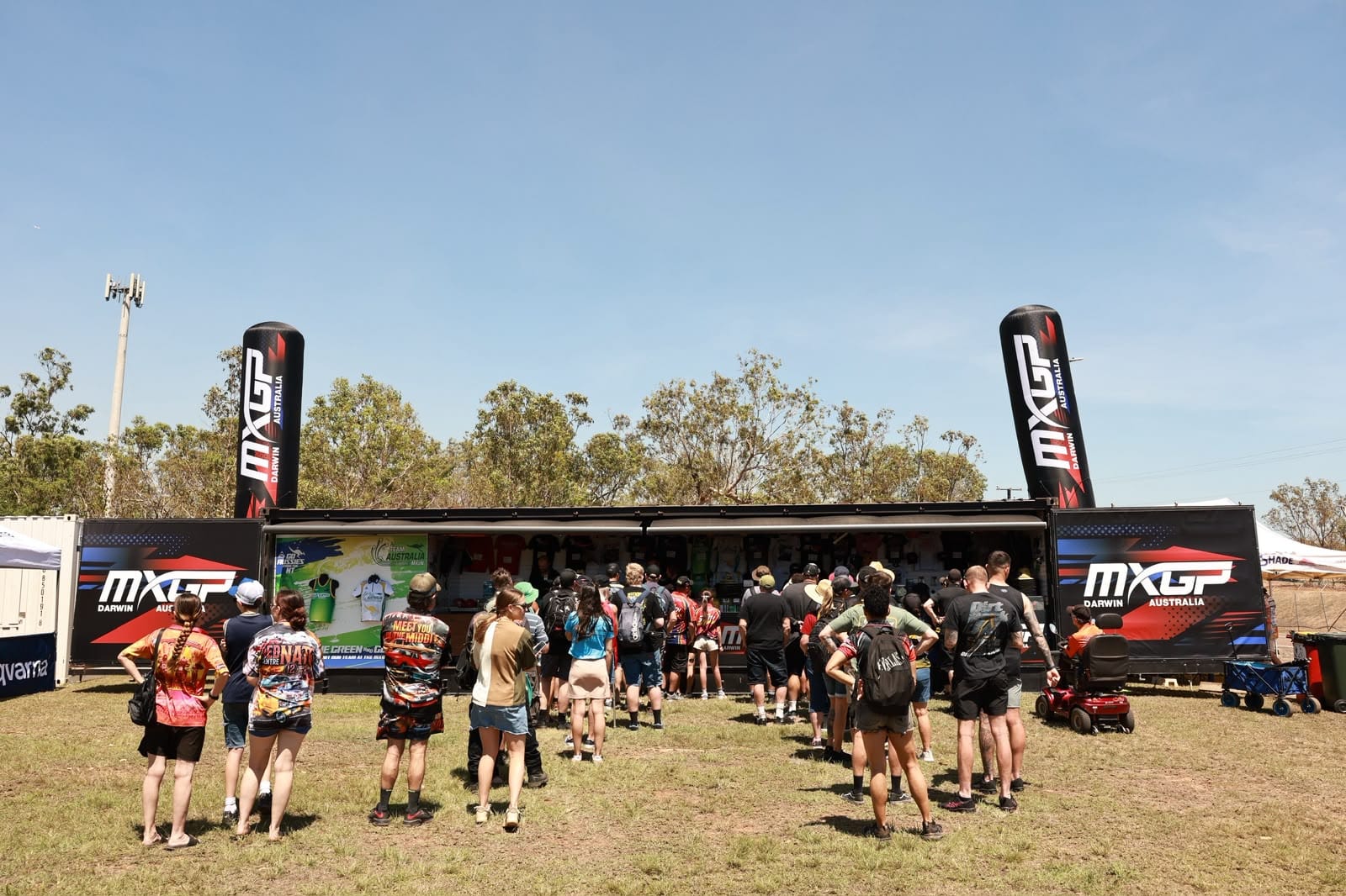 Spectators queueing outside the official MXGP of Australia merchandise store at Hidden Valley.